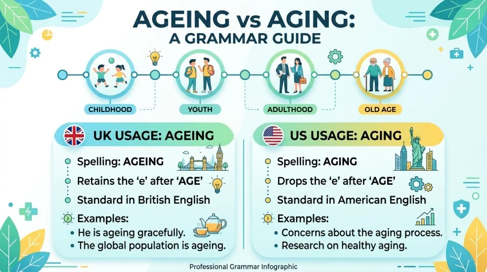Ageing vs Aging: Which Spelling Is Correct?, Examples, and Grammar Rules